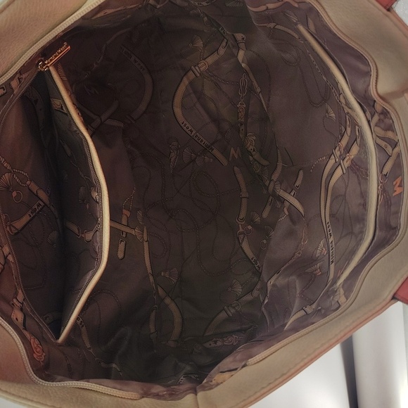 Montana West Beige And Coral Shoulder Bag Zip Top Double Straps Print Lining - Picture 7 of 7